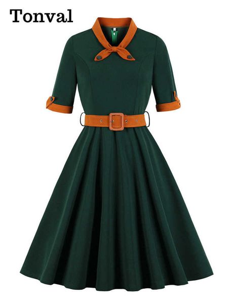 Casual Kleider Tonval Grün Kontrast Bogen Hals und Manschette Vintage Gürtel Kleid Halbe Hülse Herbst Frauen Fit Flare Retro Swing y2302