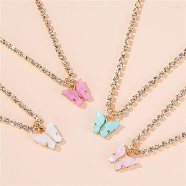 Anhänger Halsketten Iced Out Kette Acryl Schmetterling Statement Halskette für Frauen Zirkonia Collier Boho Schmuck Kristall Baby Mädchen