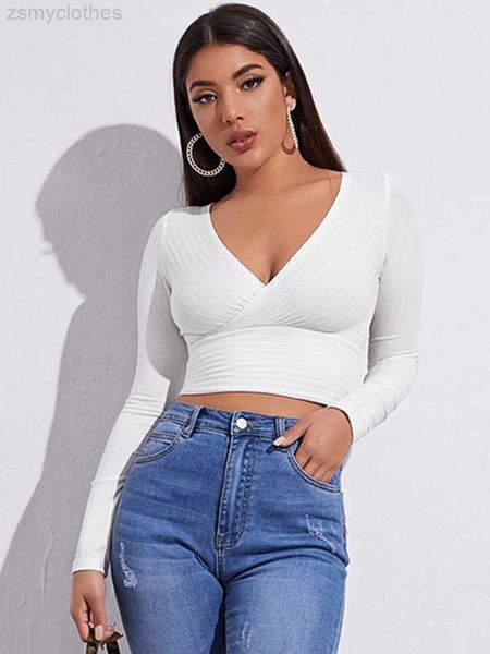 T-shirt da donna T-shirt da donna casual a maniche lunghe tinta unita Moda scollo a V Bare Midriff Stretch Top T-shirt a coste sottili elastiche lavorate a maglia