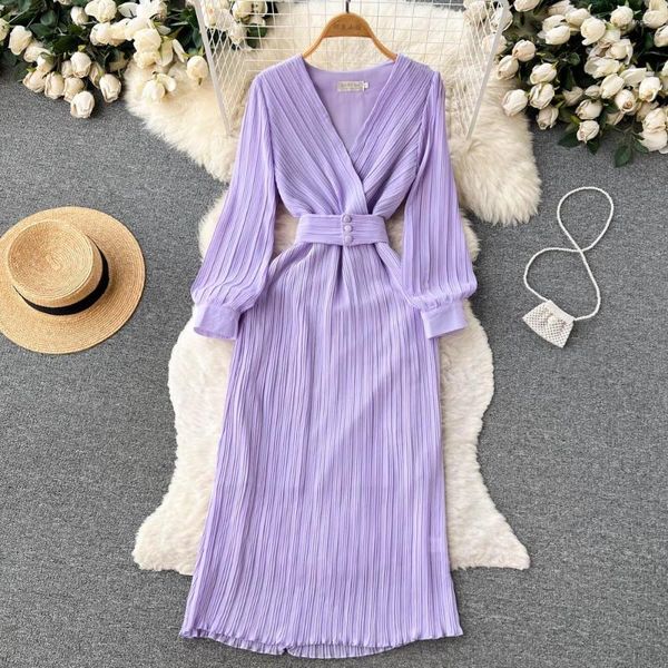 Повседневные платья весенняя осень Женщины V-образное вырезок с длинным рукавом Slim платье высокого качества модных складок светло-фиолетовый шифон