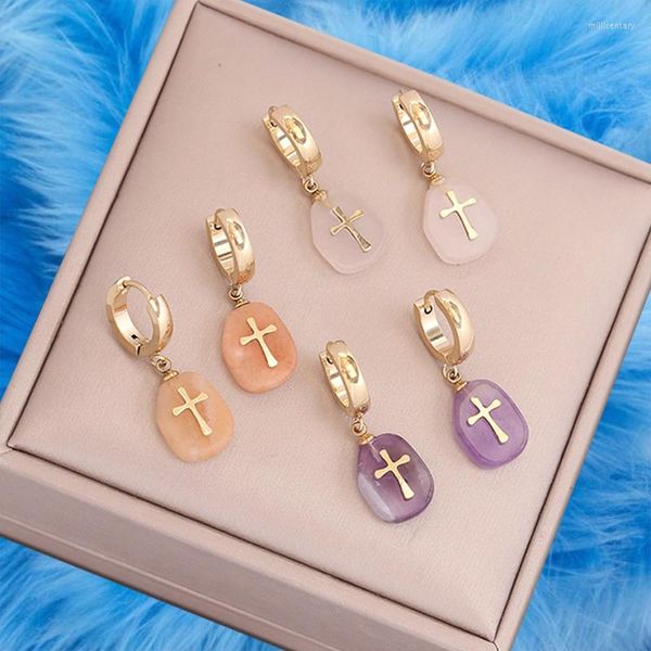 Brincos dangle Y2K Jewelry Candy Color Natural Stone Cross para mulheres Charms de moda vintage étnica 90