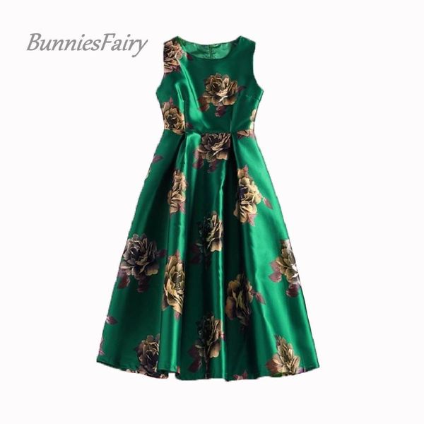 Vestidos casuales BunniesFairy 2023 Primavera Vintage Rose Retro Flor Estampado floral Chaleco verde Sin mangas Boda Vestido negro Swing
