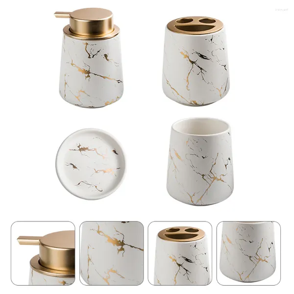 Set di accessori da bagno 4 pezzi Accessori da bagno Portabicchieri Piatto di scarico Pompa per lozione Bottiglia Tazze in ceramica Bianco