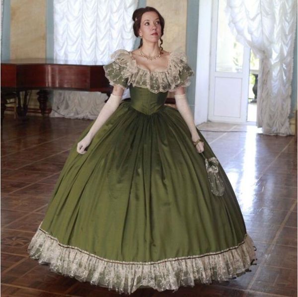 Viktorianisches Jägergrün-Abschlussballkleid, Prinzessin, schulterfrei, Cosplay, Scarlett, Bürgerkrieg, Southern Belle, Schnür-Abendkleid