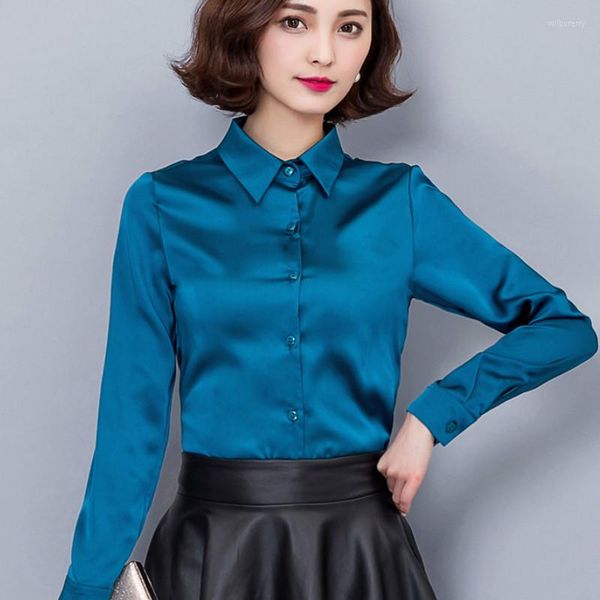 Женские блузки 2023 павлин синяя атласная рубашка Женская шелк с длинным рукавом.