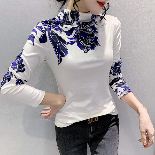 Blusas femininas outono inverno feminino roupas 2023 moda de veludo dourado camisa estampada de flor de meia colar de gola alta alta de manga longa