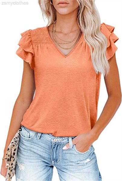 T-shirt da donna T-shirt a maniche corte con pieghe arricciate Donna Elegante tinta unita T-shirt con scollo a V in stile estivo T-shirt casual allentate da donna