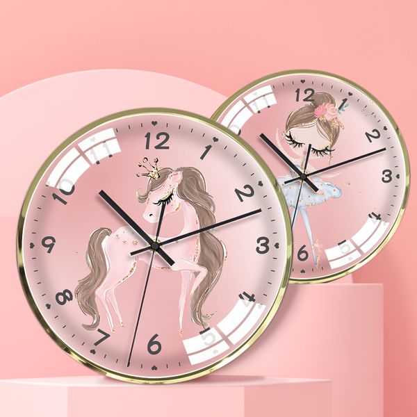 Orologi da parete Camera dei bambini orologio da parete silenzioso camera della ragazza cartone animato rosa Balletto Cigno Orologio da parete unicorno adesivi murali cuore della ragazza cl31704 230310