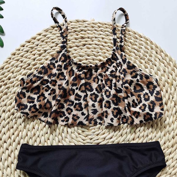 Einteiliger Leoparden-Mädchen-Badeanzug für Kinder von 5–14 Jahren, Teenager-Mädchen-Bikini mit Volant, zweiteilige Kinder-Bademode, Mädchen-Badeanzug, Strandkleidung