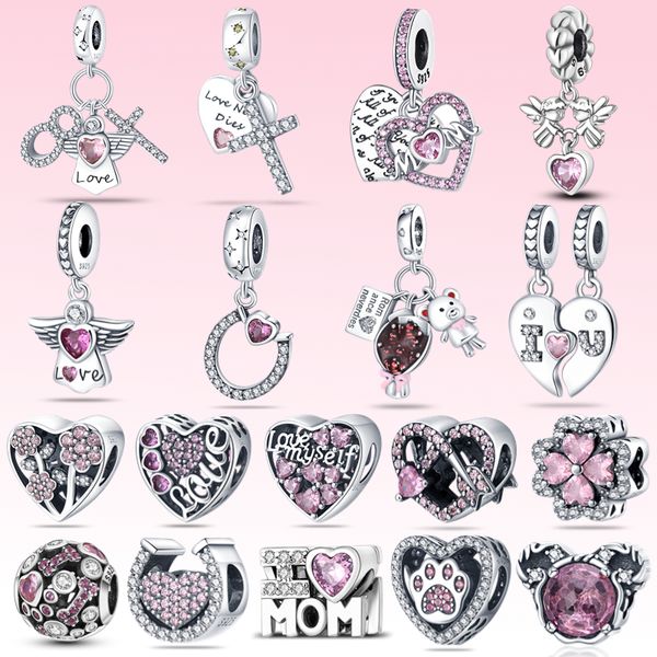 Perline con ciondolo a forma di cuore rosa con ali d'angelo in argento sterling S925 originali, adatte per braccialetti, gioielli di moda fai da te