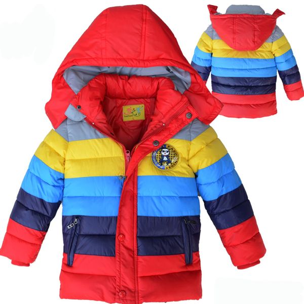Jacken Winter Warm halten Jungen Jacke Lange Stil Farbe Streifen Dicken Mantel Für Kinder Kinder Mit Kapuze Oberbekleidung Kleidung 230310
