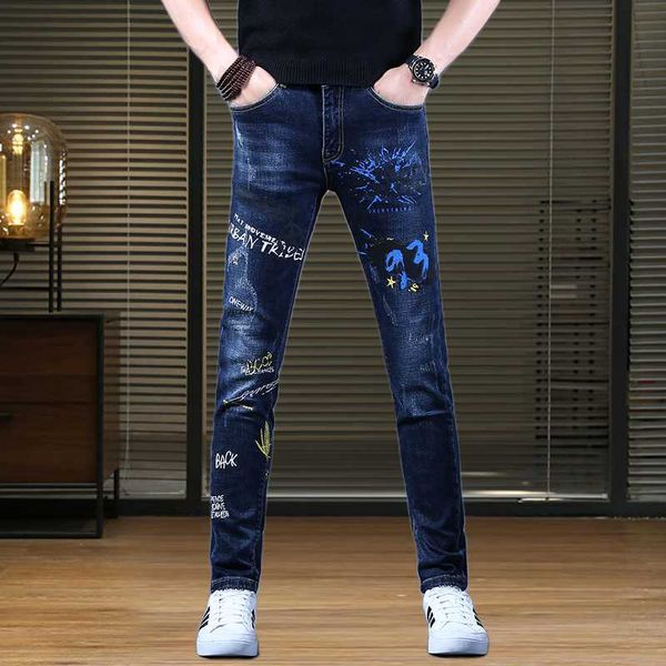 Мужские джинсы корейская версия мужская белая умываемая синяя высококачественная слабая световая вышивка роскошная вышивка сексуальная улица; Y2303