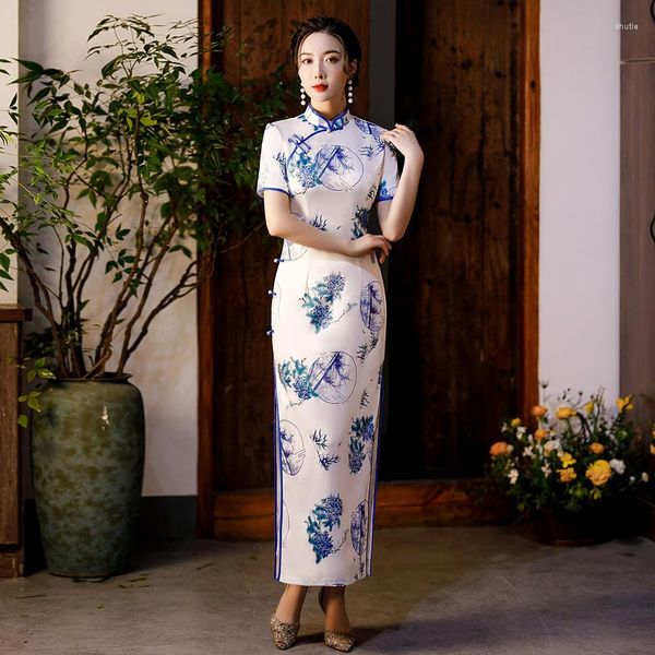 Abbigliamento etnico Doppio raso stampato floreale Qipao Donna Sexy colletto alla coreana sottile da sera Cheongsam Abito vintage cinese orientale