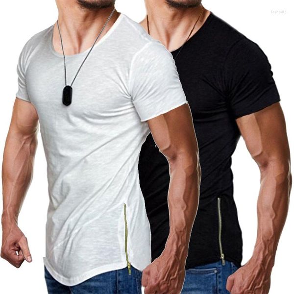 Camisetas masculinas Men camisa sólida casual com zíper lateral tripulação gola bainha engraçada lúpulo de quadril de lúpulo