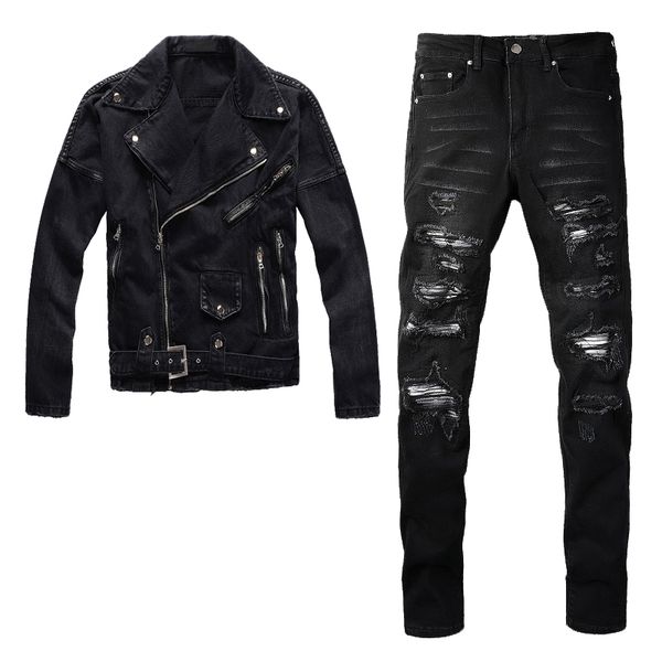 Punk Slim-Trainingsanzüge, schwarze 2-teilige Hosen-Sets für Herren, Frühlings-Jeansjacke mit schrägem Reißverschluss und zerrissene Patch-Stretch-Jeans, trendige High-Street-Herrenbekleidung