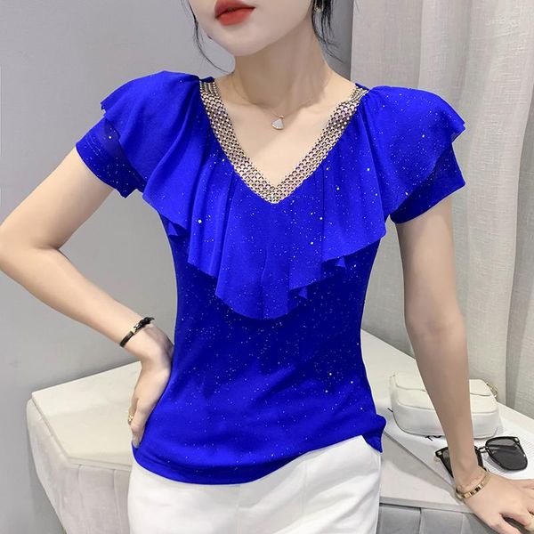 T-shirt da donna 2023 T-shirt da donna estiva Moda Casual Sexy con scollo a V Increspature Blusas Elegante maglia tinta unita sottile Top Femal