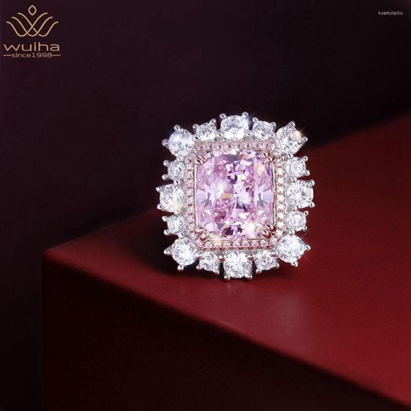 Küme Yüzükleri Wuiha Vintage 925 STERLING Gümüş Radyant Kesim Pembe Safir Oluşturdu Moissanite Taş Alyans Kadınlar için Güzel Takı