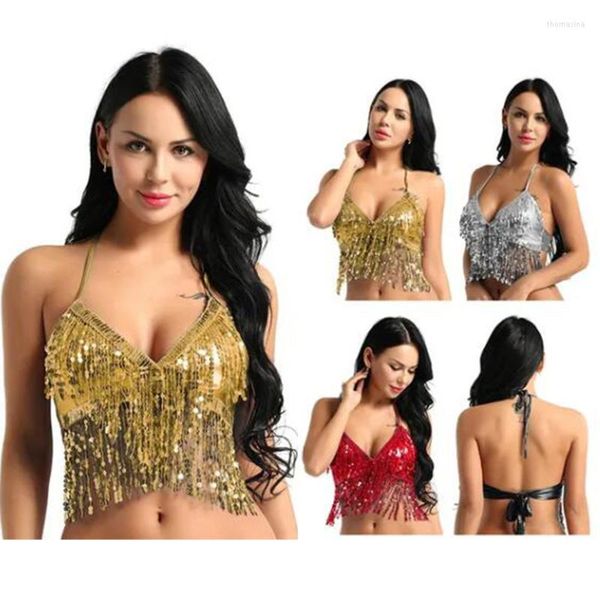 Стадия Wear Women Fashion Halter Bra Top с блестками Tassel Latin Belly Dance Costume Club Festival Festival Rave Sexy Tops