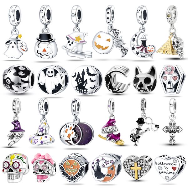 2023 Novos crânios de Halloween Ghosts Charms Plata de Ley 925 Mummy Cross Pinging Original Fit Pandora's Bracelet Jewelry