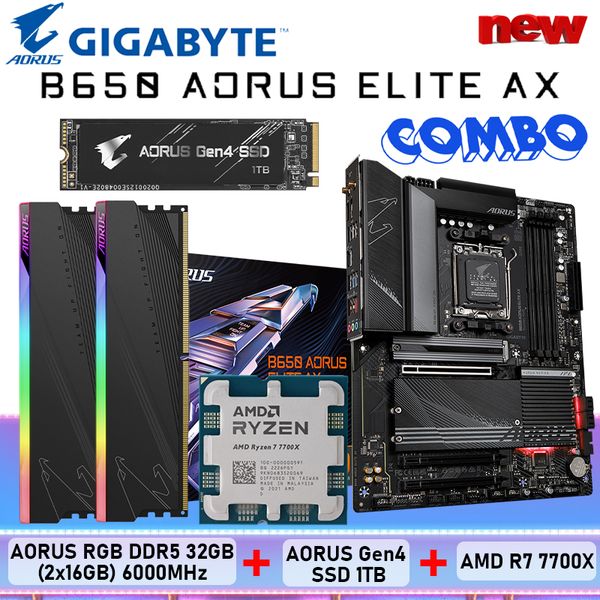 Gigabyte Conjunto B650 Aorus Elite AX AM5 Placa -mãe AMD Ryzen 7 7700x CPU Aorus RGB DDR5 32GB (2x16 GB) 6000MHz Gen4 SSD 1TB