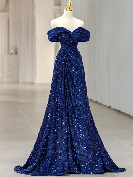 Ocean Blue A-Line Long Dress do ombro de lantejoulas 2023 elegantes vestidos formais de festa noturna feminino manto de soiree
