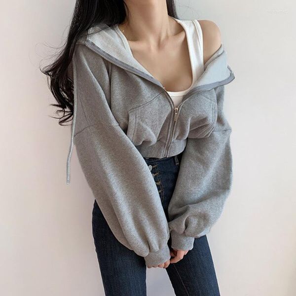 Damen Hoodies Short Women Solid Color Lady Sweatshirt Trainingsanzug Langarm weibliche Ernte -Top -Fashion Koreanische Kleidung Harajuku