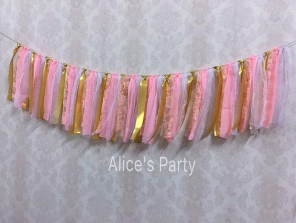 Decoração de festa Pink Chiffon Gold Rag Tie Banner Girl Lace Bunting Highchair Celebre Aniversário Garland 1ª Decoração Berçário