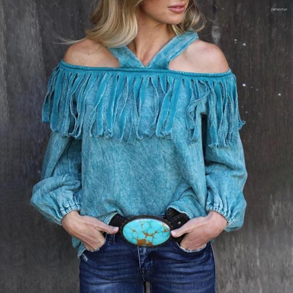 Bloups feminina feminina Blusa Decoração Fringe Lantern Lanterna de manga comprida sem costas solto Fit Sexy Off Halter Pullover de pullover de rua de rua