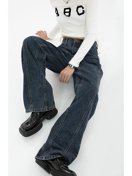 Damen Jeans Marineblau High Waist Baggy Damen Jeans Streetwear y2k Mode Streetwear Casual Sommer Weites Bein Premium Hose 230310