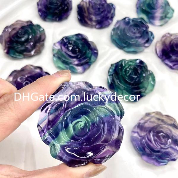 Scultura di rosa fluorite arcobaleno Incantesimo d'amore Collezione regalo in cristallo Reiki Ametista naturale Quarzo Intaglio di fiori Esemplare Rosetta Pietra preziosa per meditazione floreale