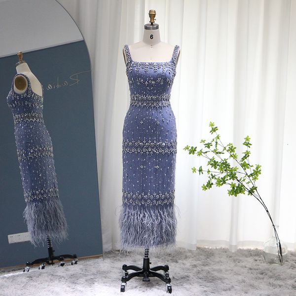 Partykleider Sharon Said Luxus Kristallfedern Dubai Abendkleider für Frauen Hochzeit Elegante blaue Spitze Midi Arabisch Formelles Partykleid S279 230310