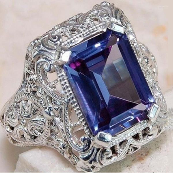 Anelli a grappolo Big Blue Zircon Stone S925 Sterling Silver Color Vintage per le donne Fashion Wedding Engagement Jewelry 2023