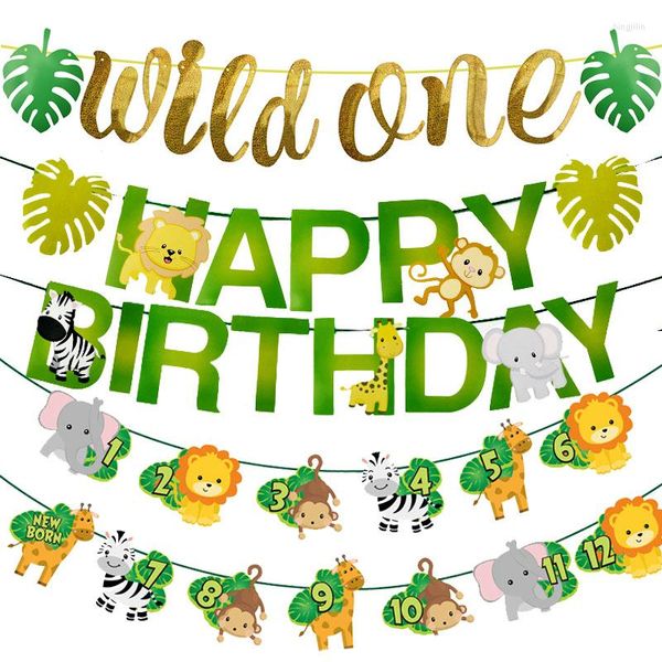 Decorazione per feste Buon compleanno Foglie di palma Lettera Banner Po Bunting Ghirlanda Wild One Jungle Safari Forniture per decorazioni animali