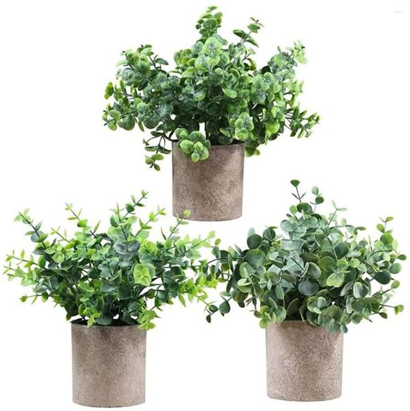 Flores decorativas 3 Pacote artificial em vasos artificiais Faux Eucalyptus Rosemary Greenery em Pots pequenas plantas domésticas para decoração de mesa interna