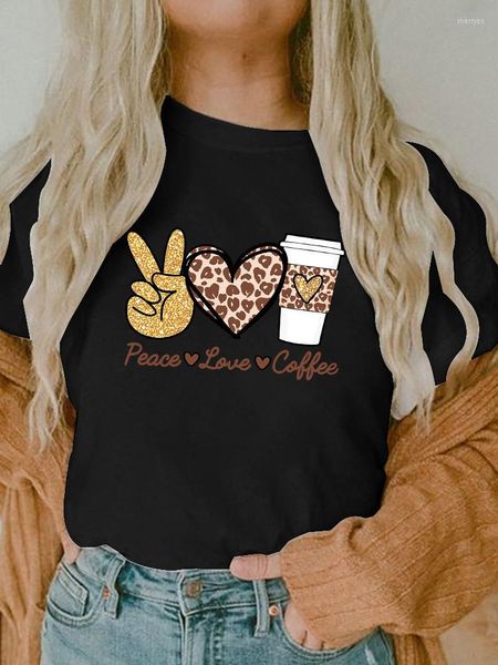 Magliette da donna semplici camicia nera carina donna donna pace love caffè estate cartone animato topipli casual maniche corte o scollo da donna tops