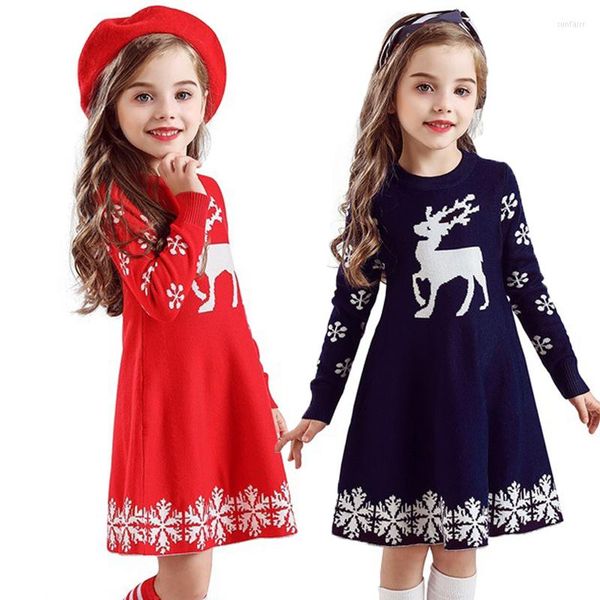 Vestidos de menina meninas de natal veado princesa suéter tricô de inverno festa crianças crianças roupas de bebê elegante para criança
