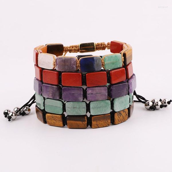 Strang Ankunft Naturstein Quadrat 7 Chakra Energie Kristall Perlen geflochten individuelles Makramee-Armband Schmuck Männer Frauen