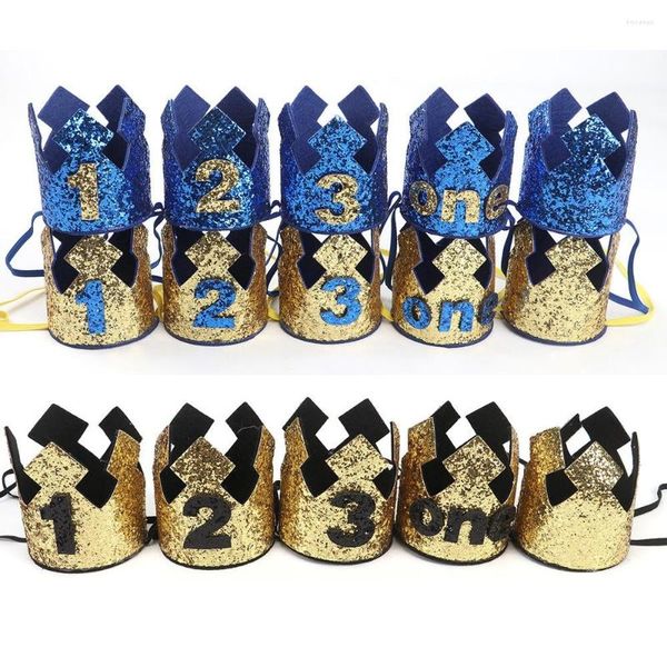 Acessórios para o cabelo 1 2 3 anos de aniversário Chapéu bebê Coroa infantil da festa azul dourada Decorativa da cabeça