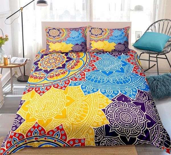 Yatak takımları mandala set mavi sarı boho çiçekler patchwork yorgan yetişkinler için renkli yatak 3pcs ev tekstilleri