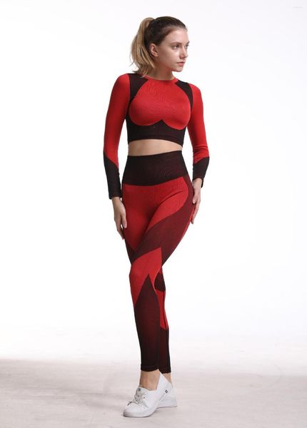 Conjunto ativo Women Yoga Pants Fitness Suit Bulifter Gym Conjunto de pano elástico de alto teto de treino Top Top Red Tracksuit