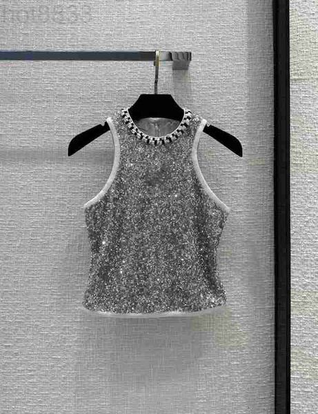 T-shirt da donna Designer Milan Runway Top 2023 Nuova Primavera Estate o Collo Perline Paillettes Tees Marca Stesso stile Vkss