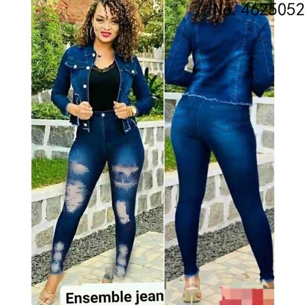 Abbigliamento etnico Jeans casual Set due pezzi Donna Denim Pantalone Tute aderente Tuta Colletto rovesciato Manica lunga Top Set Vestidos Autunno 230310
