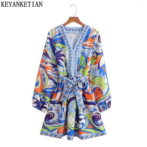 Повседневные платья Keyanketian Этническое синее платье для печати для печати женское весеннее и осенью рукавов с фонаря
