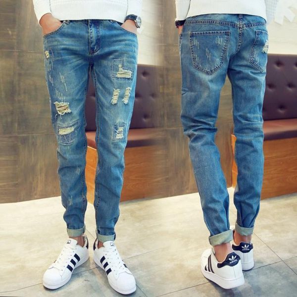 Jeans masculinos atacado 2023 moda jeans adolescentes rua casual ripped hole reme