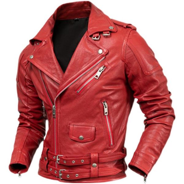 Herren-Motorradjacke aus echtem Leder, Schaffell, pflanzlich gegerbtes Jersey, Rot für Herren