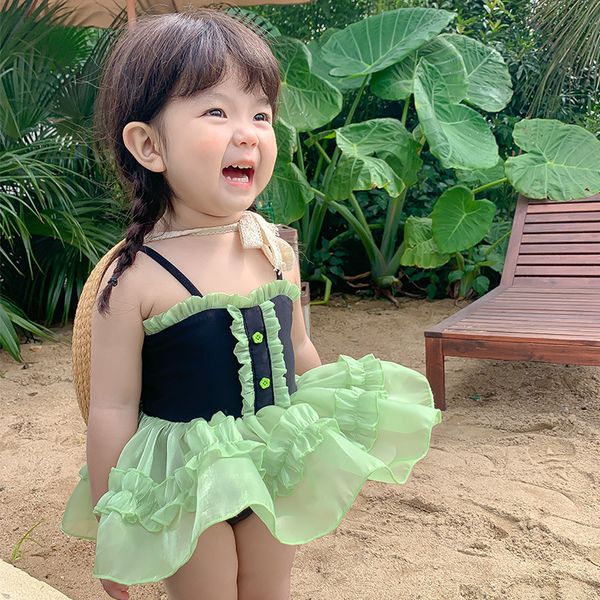 2023 Baby Mädchen einteiliger Badeanzug süßes süßes koreanisches Mädchen Falbala Halter Top Prinzessin Schwimmkleid Stil Schwimmanzug S2167