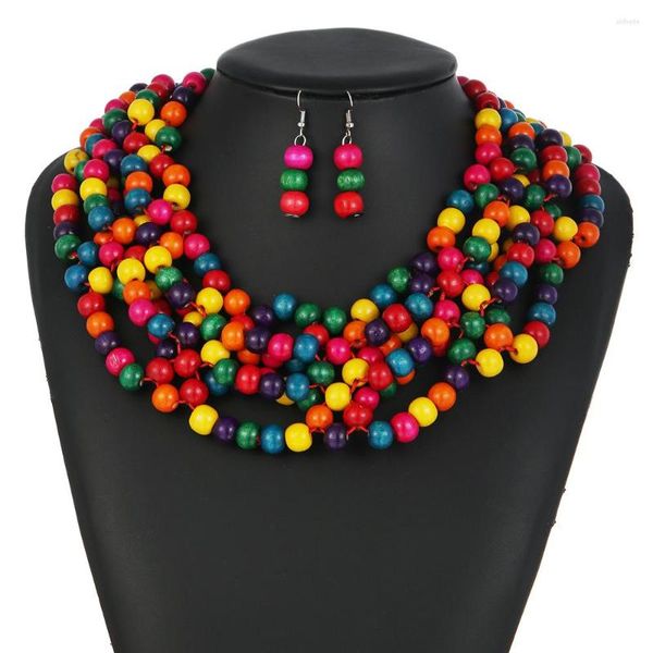 Collana orecchini set etnico africano esagerato colorato fatto a mano perline di legno intrecciate multistrato nappa pendenti collare girocollo