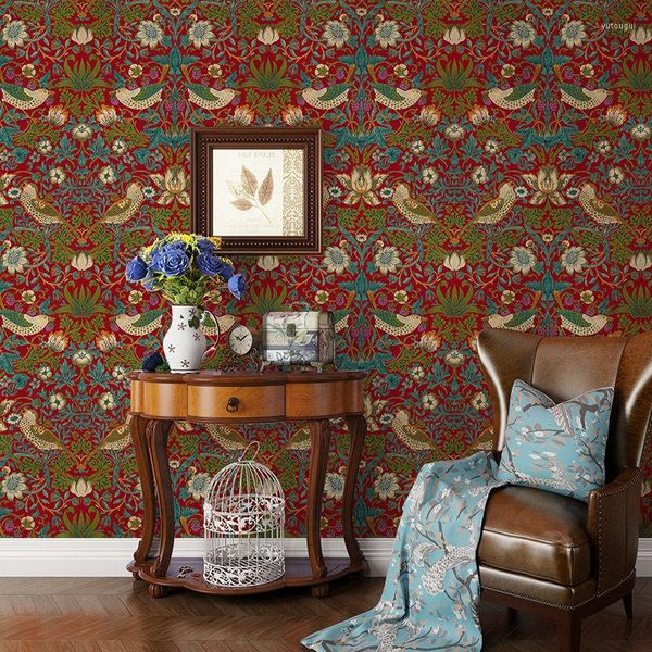 Sfondi Vintage Red American Pastoral Flower And Bird Wallpaper Country Retro Mural Roll Rainforest Wall Paper Papier Peint