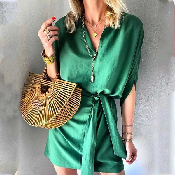 Vestidos casuais elegantes damas vestidos casuais verão meia manga escritório mulheres roupas vintage fantby party party vestido robe verde femme 2021 g230311