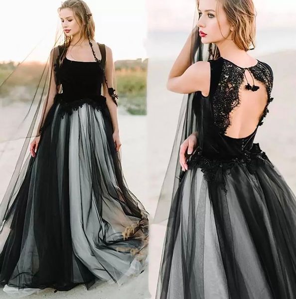 Siyah Beyaz Gelinlik Gelin Gowns Bileau Yeni Özel Artı Boyutlu Elbiseler Çar bir çizgi aplike tül sırtsız dantel